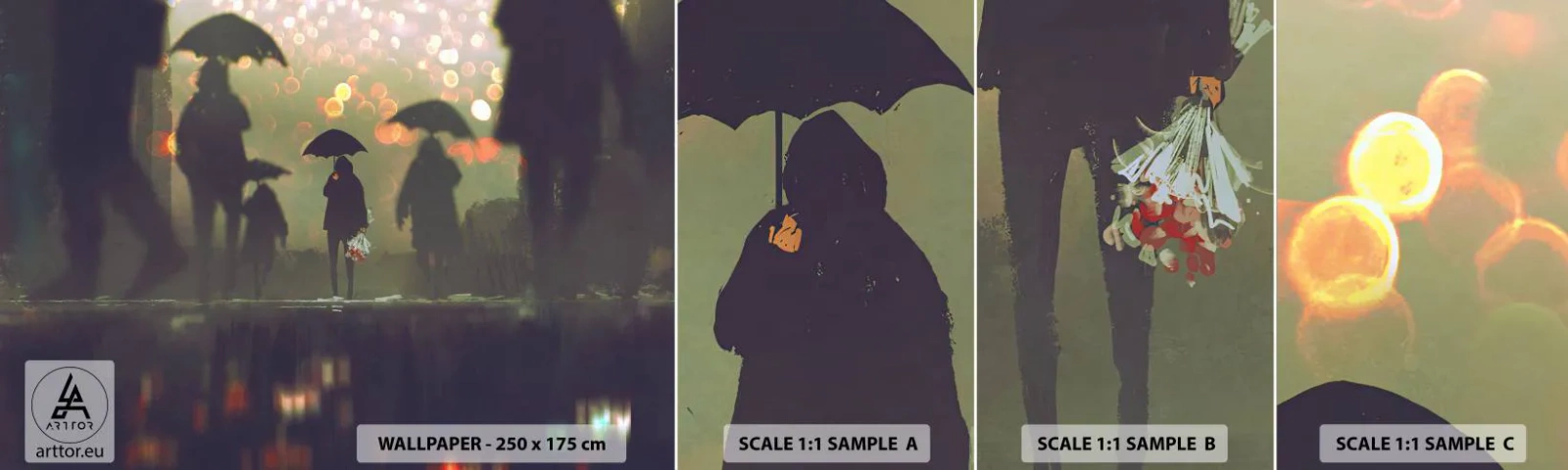 Vzorka samolepiacej fototapety Deluxe Sticker - Z perspektívy kvapky dažďa - Prechádzka v daždi, Ľudia, Grafika - 100x30 cm