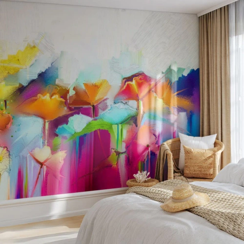 Fototapeta Standard Eco - Farebná abstrakcia s kvetmi v odtieňoch dúhy - 100x70cm - Dúha rozkvitla - Moderná nástenná dekorácia do obývacej izby a spálne ARTTOR