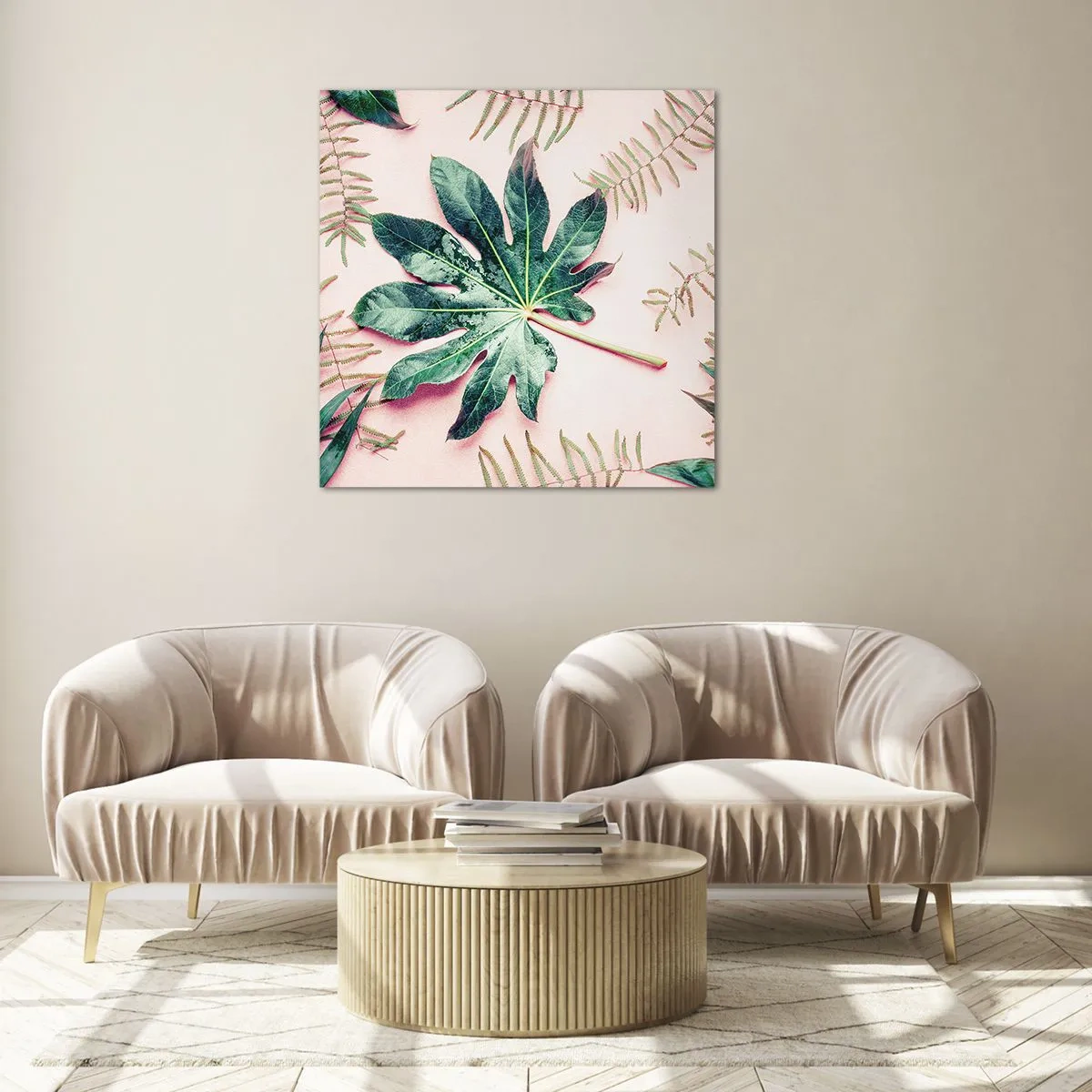 Obraz na skle - Štúdia zelenej na ružovom pozadí - 60x60 cm