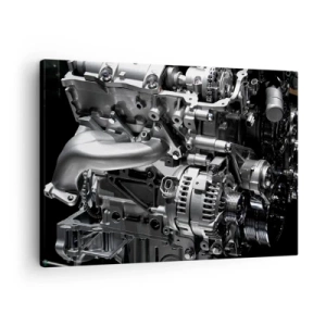 Obraz na plátne - Detailný záber kovových častí motora na čiernom pozadí - 70x50cm - Kovový, krásny, silný - Moderná nástenná dekorácia do obývacej izby a spálne ARTTOR