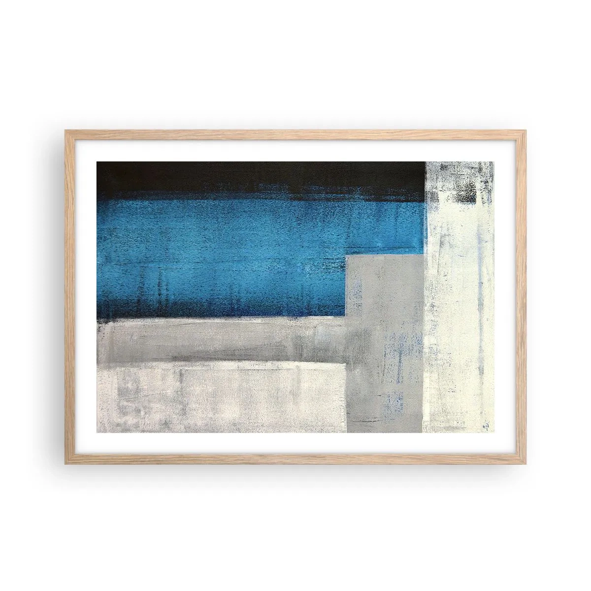 Plagát v ráme zo svetlého duba - Poetická kompozícia šedej a modrej - 70x50 cm