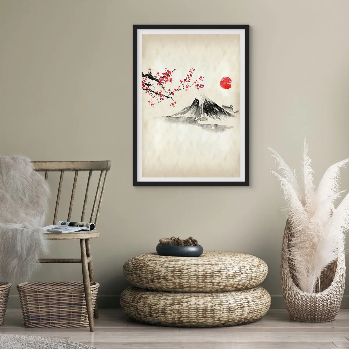 Plagát v čiernom ráme - Hora s kvitnúcou čerešňovou vetvou a červeným slnkom - 50x70cm - Zamilujte sa do Japonska - Moderná nástenná dekorácia do obývacej izby a spálne ARTTOR