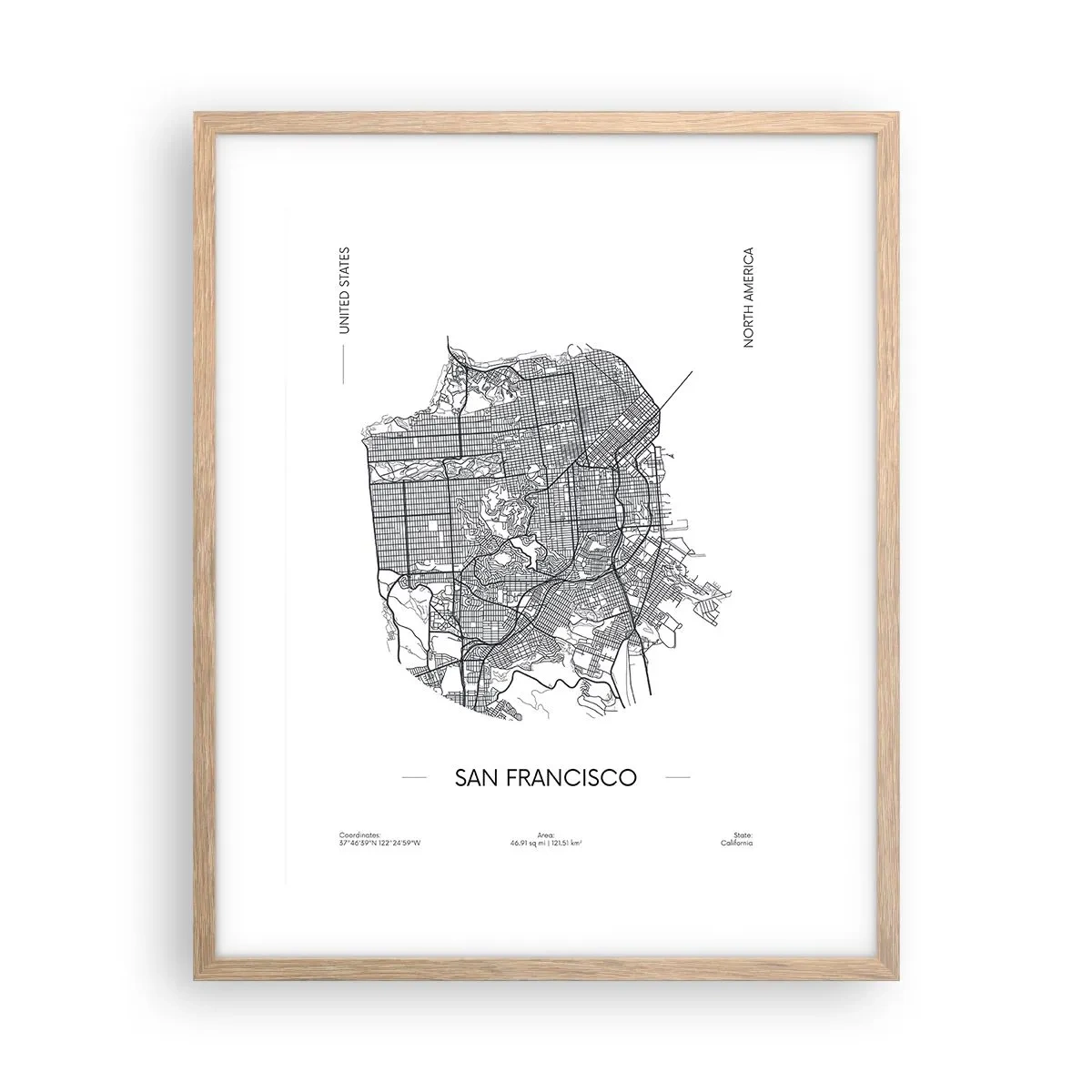 Plagát v ráme zo svetlého duba - Anatómia San Francisca - 40x50 cm