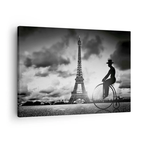 Obraz na plátne - Čiernobiely obrázok retro bicykla s Eiffelovou vežou v pozadí - 70x50cm - Túžba po Belle Epoque - Moderná nástenná dekorácia do obývacej izby a spálne ARTTOR