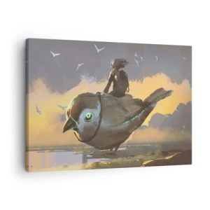 Obraz na plátne - Jazdec na obrovskom vtákovi v surrealistickej krajine - 70x50cm - Zastávka na fantastickej ceste - Moderná nástenná dekorácia do obývacej izby a spálne ARTTOR