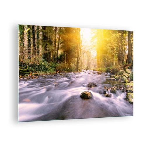 Obraz na skle - Lesný potok na slnku - 70x50cm - Malachit v strieborno-zlatej podobe - Moderná nástenná dekorácia do obývacej izby a spálne ARTTOR