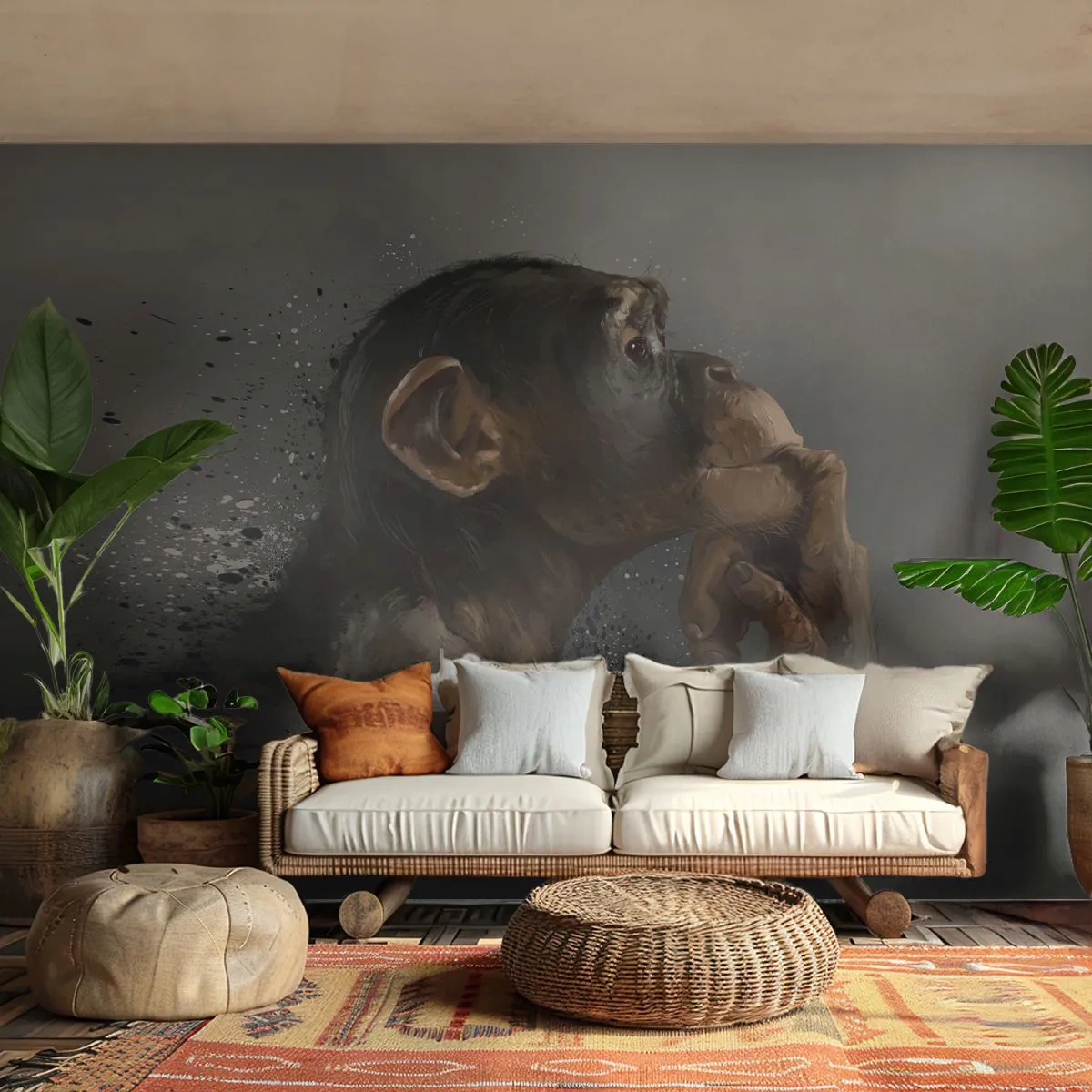 Fototapeta Standard Eco - Portrét zamyslenej opice na tmavom pozadí v umeleckom štýle - 100x70cm - Určite mysliteľ - Moderná nástenná dekorácia do obývacej izby a spálne ARTTOR