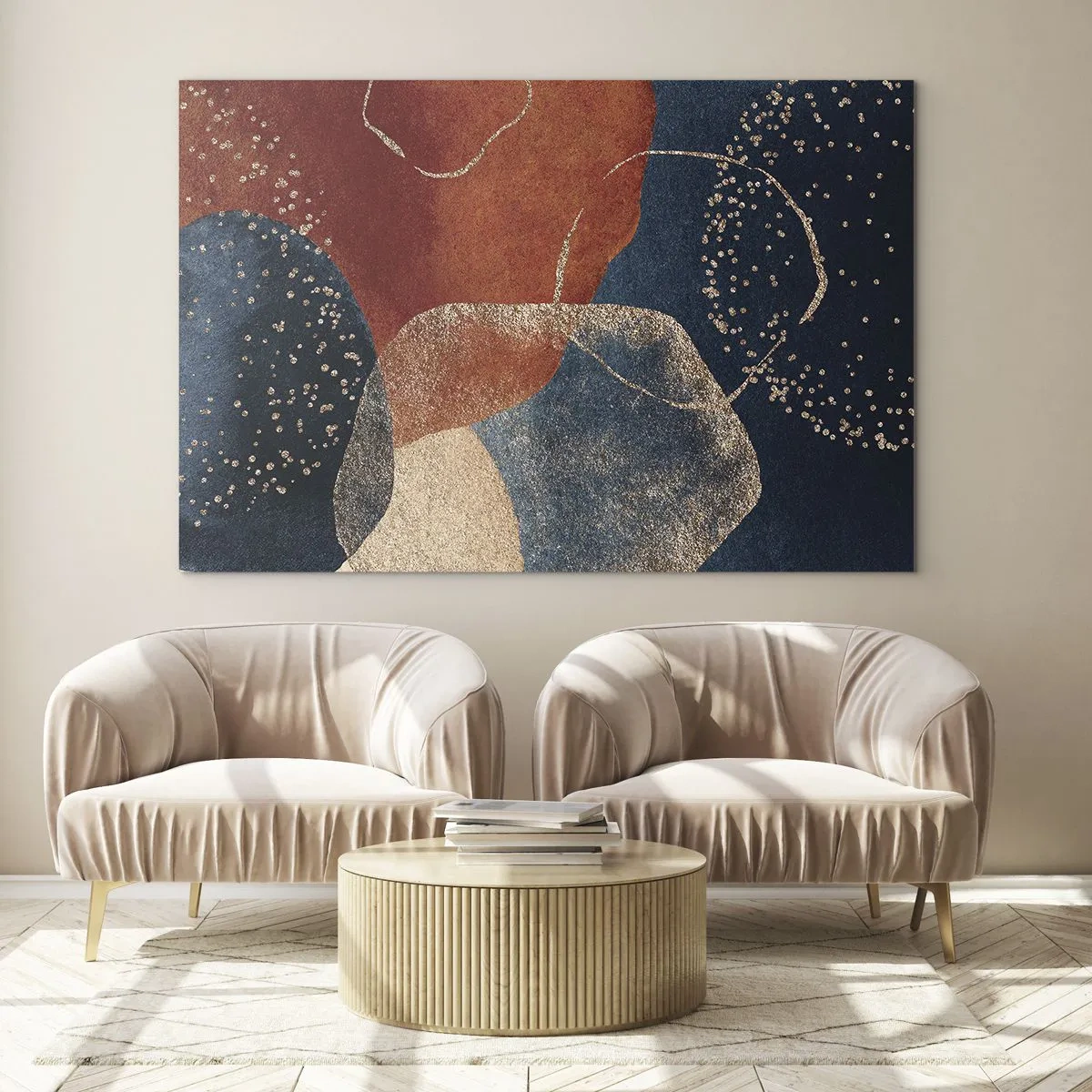 Obraz na skle - Abstraktné tvary v odtieňoch námorníckej modrej a medenej - 70x50cm - Ľahkosť bytia - Moderná nástenná dekorácia do obývacej izby a spálne ARTTOR