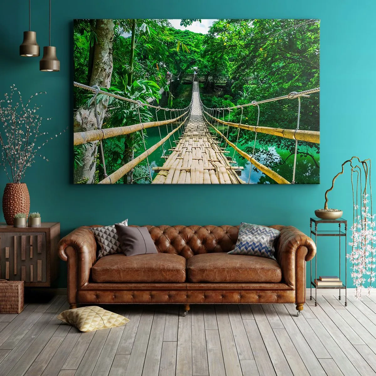 Obraz na plátne - Visutý bambusový most obklopený zeleňou - 70x50cm - Opičí most nad zeleňou - Moderná nástenná dekorácia do obývacej izby a spálne ARTTOR