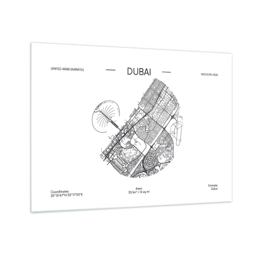 Obraz na skle - Minimalistická mapa Dubaja v čiernobielom štýle. - 70x50cm - Anatómia Dubaja - Moderná nástenná dekorácia do obývacej izby a spálne ARTTOR
