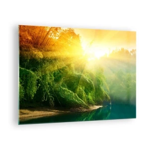 Obraz na skle - Slnečné lúče nad zelenou vegetáciou pri rieke - 70x50cm - Utopiť sa v slnku a v tieni - Moderná nástenná dekorácia do obývacej izby a spálne ARTTOR