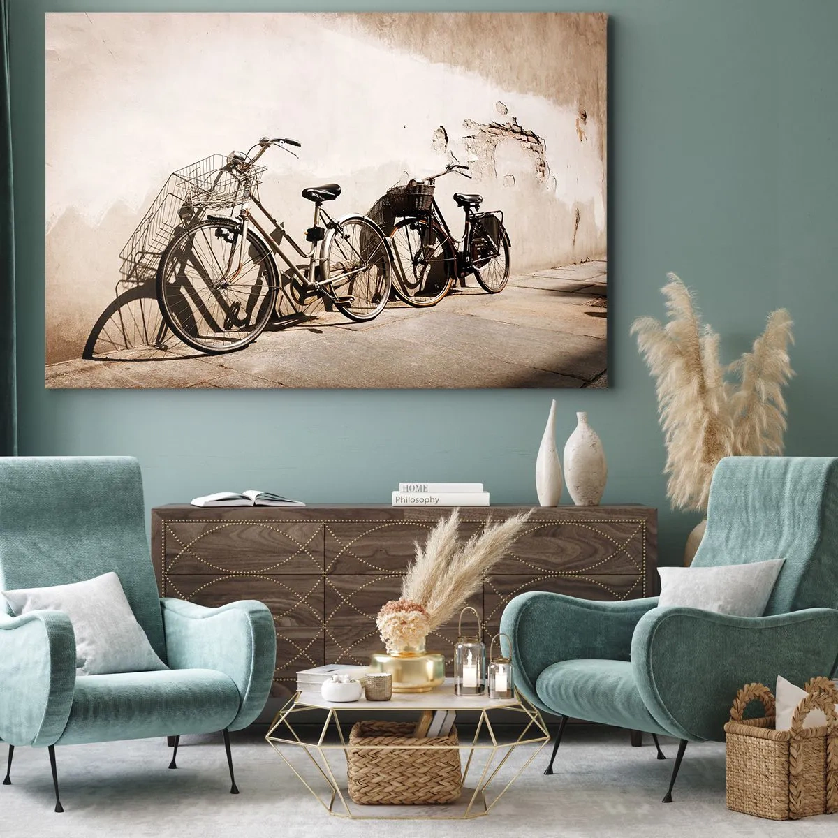 Obraz na plátne - Dva bicykle opreté o starú stenu v retro štýle - 70x50cm - Nezabudnuteľné kúzlo minulosti - Moderná nástenná dekorácia do obývacej izby a spálne ARTTOR