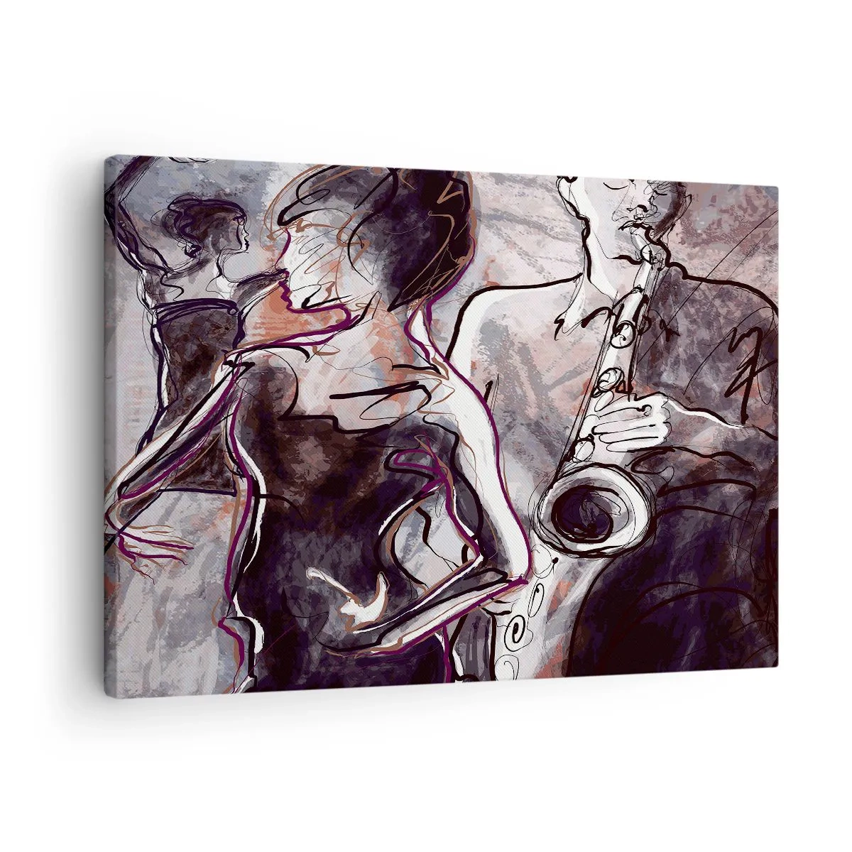 Obraz na plátne - Abstraktná jazzová scéna so saxofonistom a tancujúcou ženou. - 70x50cm - Rozplynúť sa v hudbe - Moderná nástenná dekorácia do obývacej izby a spálne ARTTOR