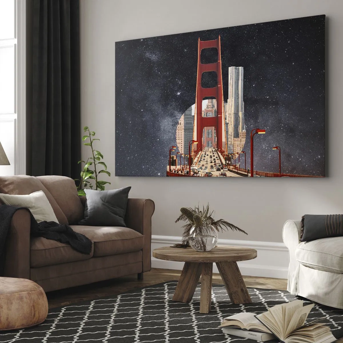 Obraz na plátne - Most Golden Gate s mestom v pozadí na pozadí hviezdnej oblohy - 70x50cm - Vždy v centre - Moderná nástenná dekorácia do obývacej izby a spálne ARTTOR