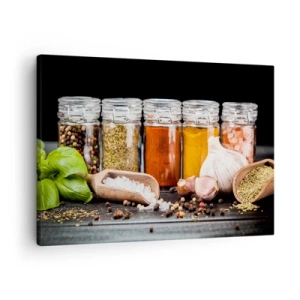 Obraz na plátne - Bylinky a koreniny v sklenených pohároch na tmavom pozadí - 70x50cm - Aby mal život chuť - Moderná nástenná dekorácia do obývacej izby a spálne ARTTOR