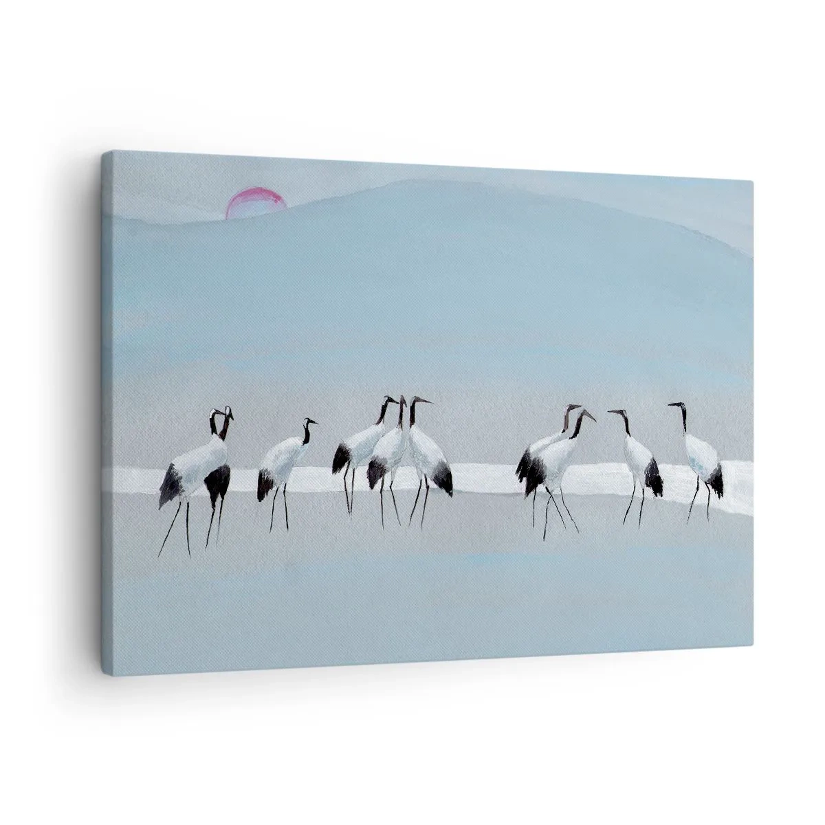 Obraz na plátne - Skupina žeriavov proti modrej oblohe a vychádzajúcemu slnku - 70x50cm - Po horúcom dni - Moderná nástenná dekorácia do obývacej izby a spálne ARTTOR