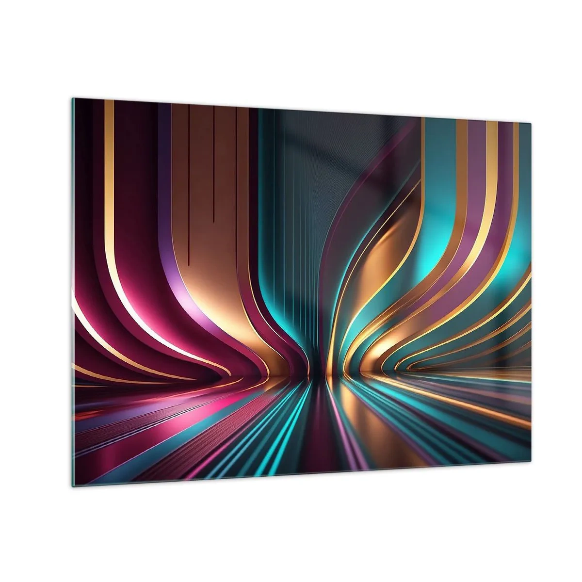 Obraz na skle - Farebné svetelné línie vytvárajúce futuristické tvary - 70x50cm - Architektúra svetla - Moderná nástenná dekorácia do obývacej izby a spálne ARTTOR