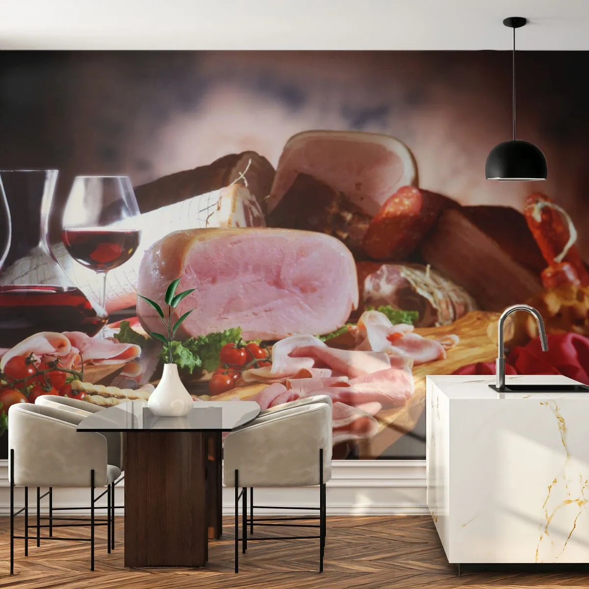 Samolepiaca Fototapeta Deluxe Sticker - Kulinárne snívanie s karafou - Gastronómia, Mäso, Paradajky - 250x175 cm