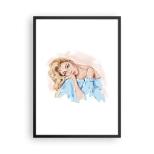 Plagát v čiernom ráme - Jemný portrét ženy v jemných farbách - 50x70cm - Zasnená v modrej - Moderná nástenná dekorácia do obývacej izby a spálne ARTTOR