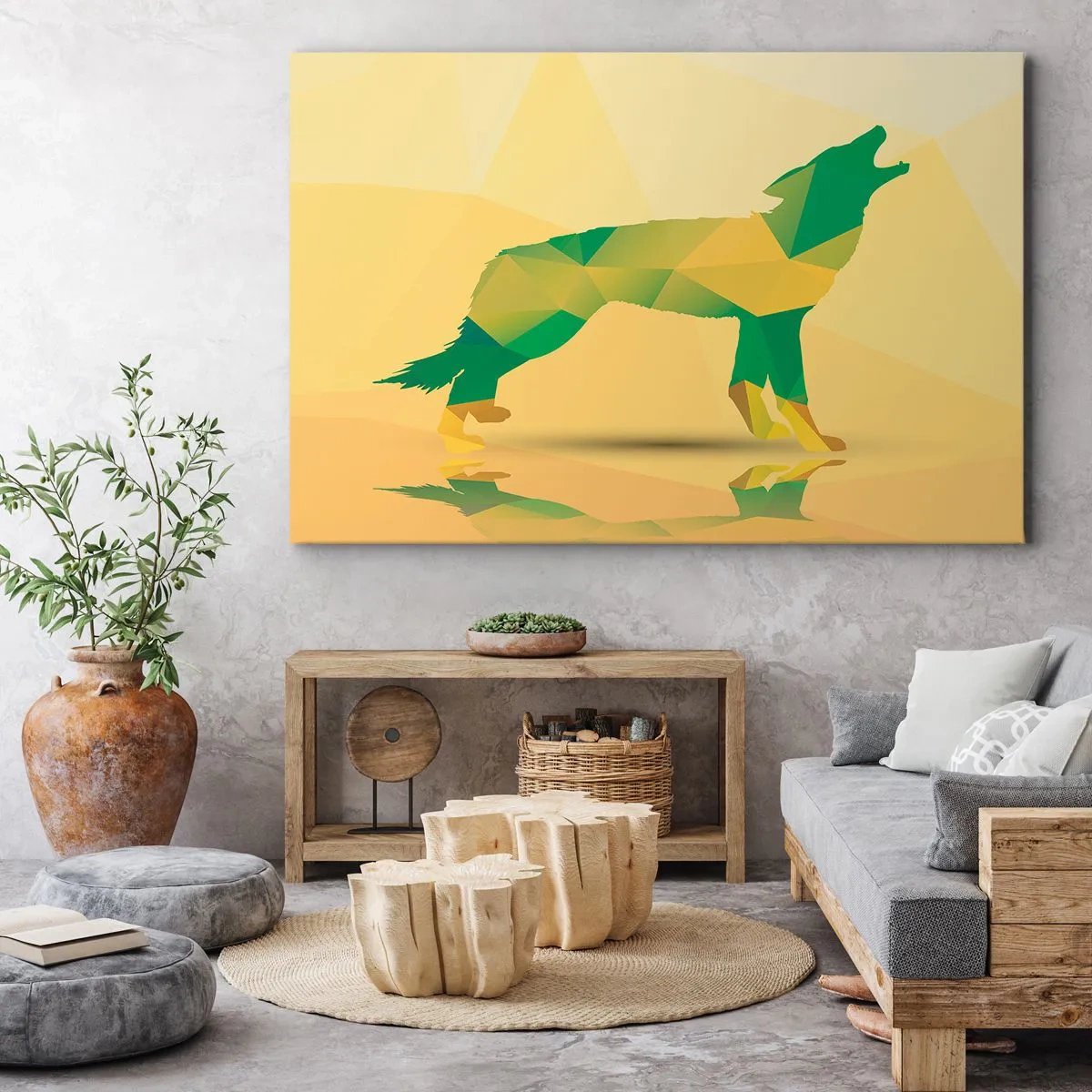 Obraz na plátne - Geometrická silueta vlka v odtieňoch zelenej a žltej - 70x50cm - Samotný vlk - Moderná nástenná dekorácia do obývacej izby a spálne ARTTOR