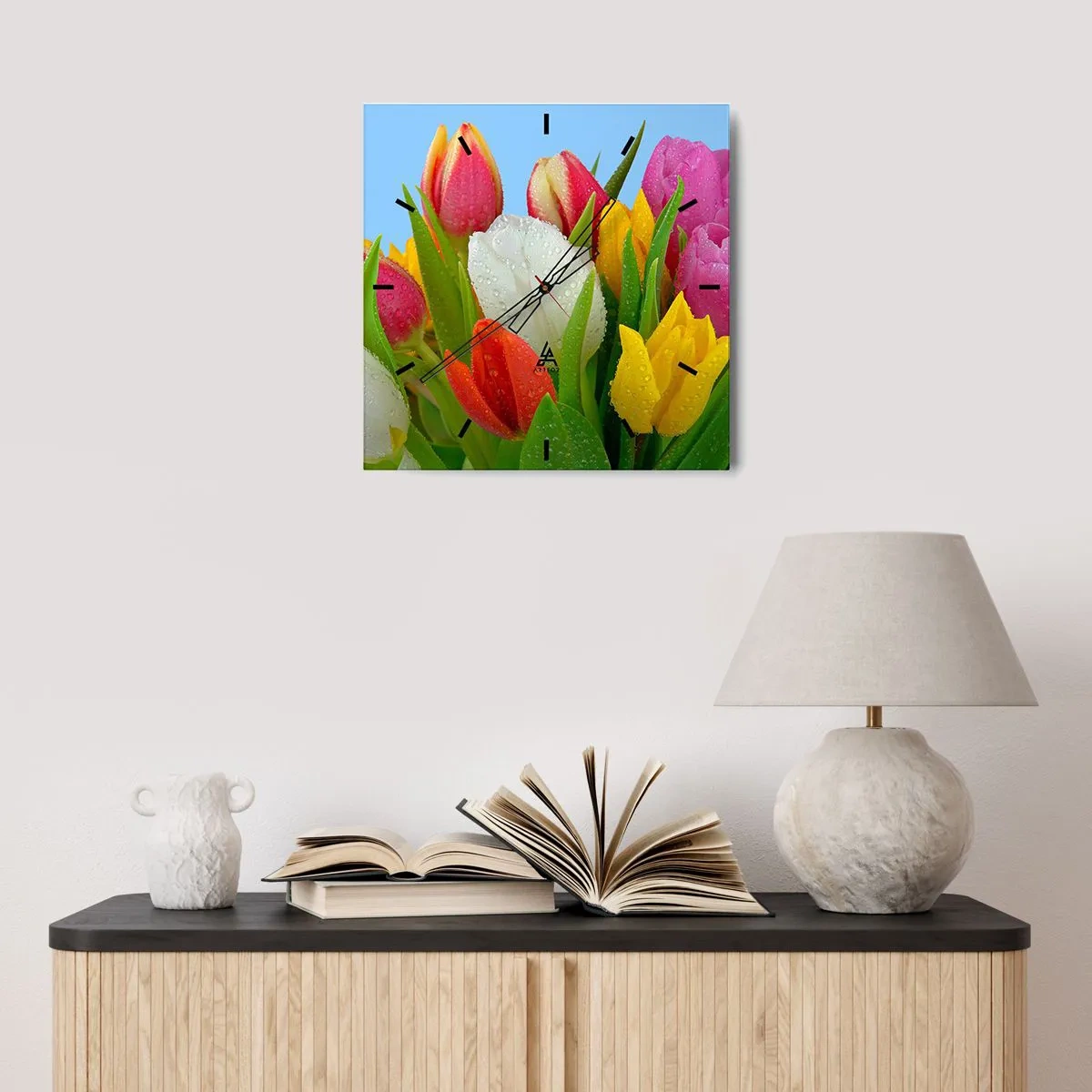 Nástenné hodiny - Kvetinová dúha v kvapkách rosy - 40x40 cm