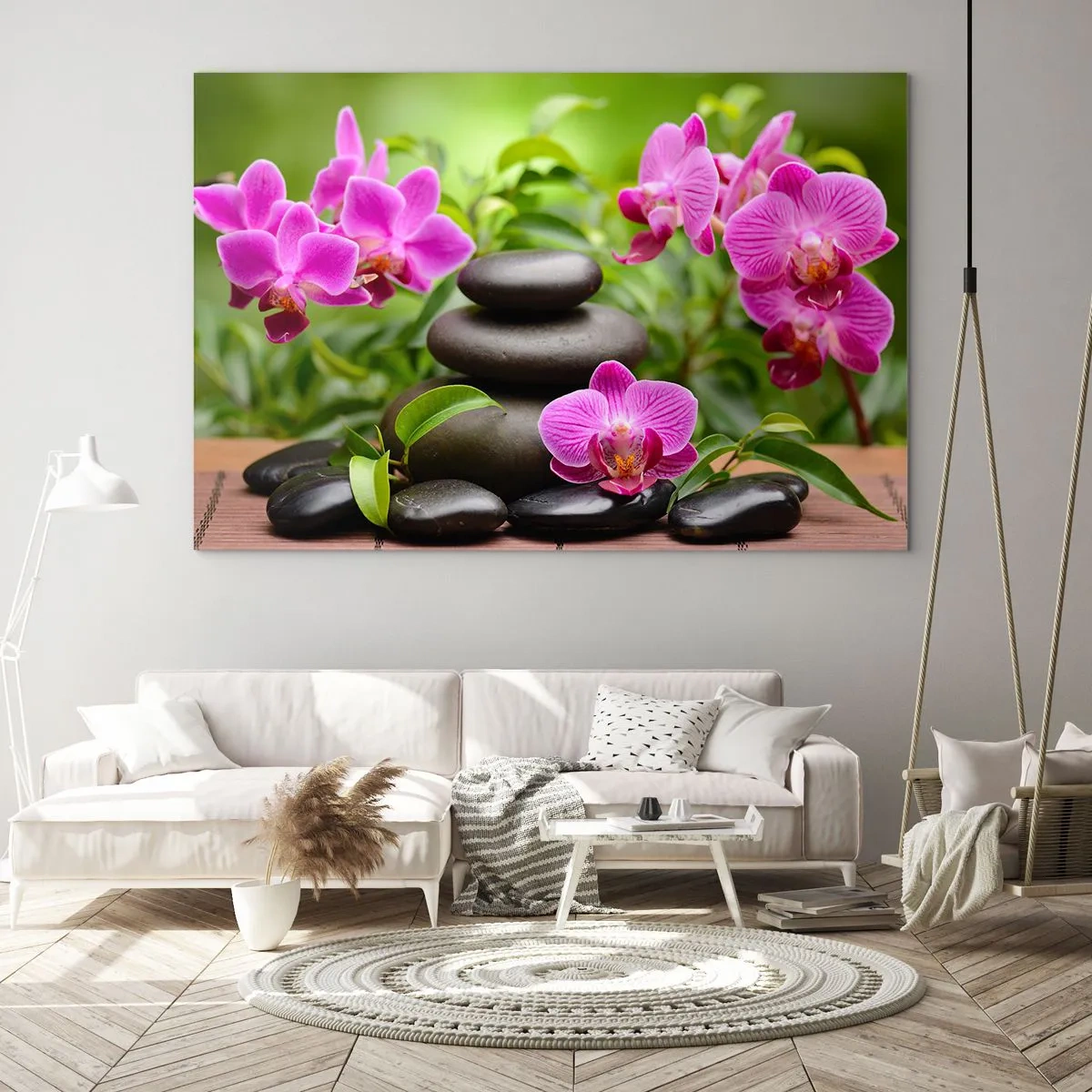 Obraz na skle - Ružové orchidey a čierne kamene v pokojnom prostredí - 70x50cm - Pyramída pokoja - Moderná nástenná dekorácia do obývacej izby a spálne ARTTOR