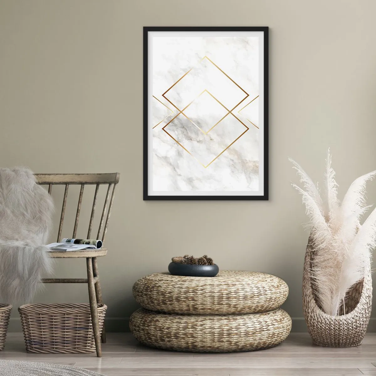 Plagát v čiernom ráme - Geometria v zlatých líniách na mramorovom pozadí - 50x70cm - Pohľad na nekonečno - Moderná nástenná dekorácia do obývacej izby a spálne ARTTOR