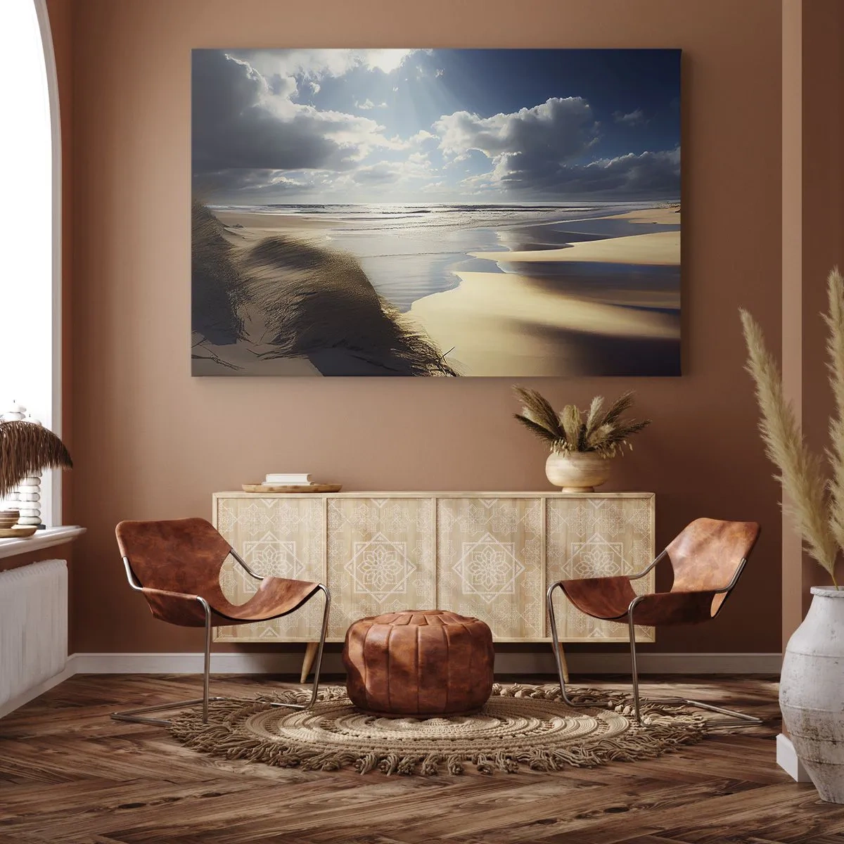 Obraz na plátne - Divoká pláž s dunami a modrou oblohou - 70x50cm - Pláž, divoká pláž - Moderná nástenná dekorácia do obývacej izby a spálne ARTTOR