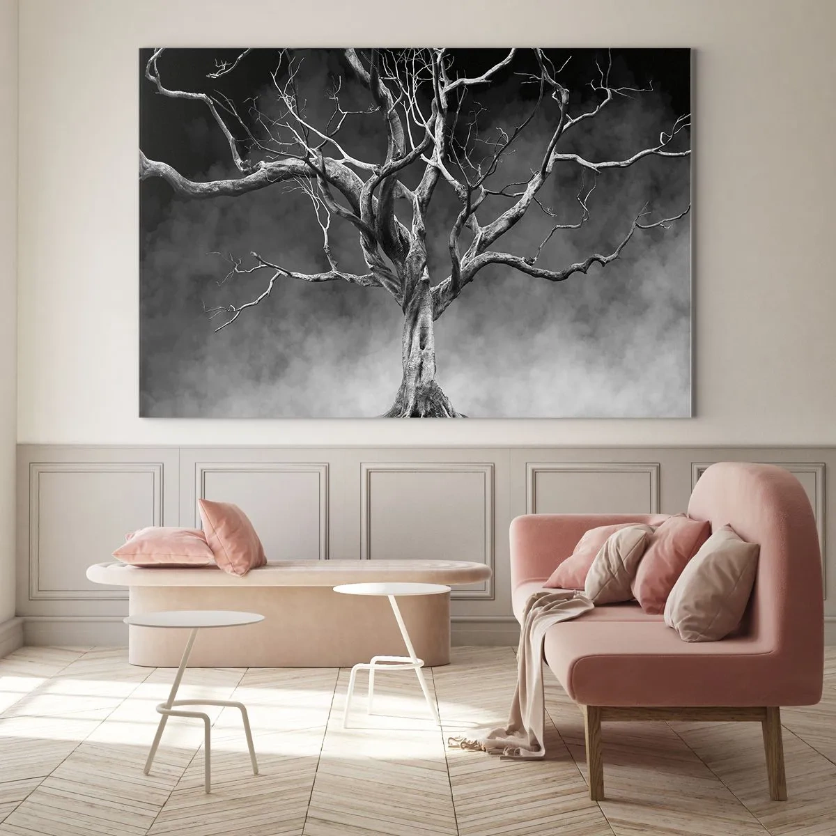 Obraz na skle - Čierny strom proti hmle - 70x50cm - Pôvodné a sväté - Moderná nástenná dekorácia do obývacej izby a spálne ARTTOR