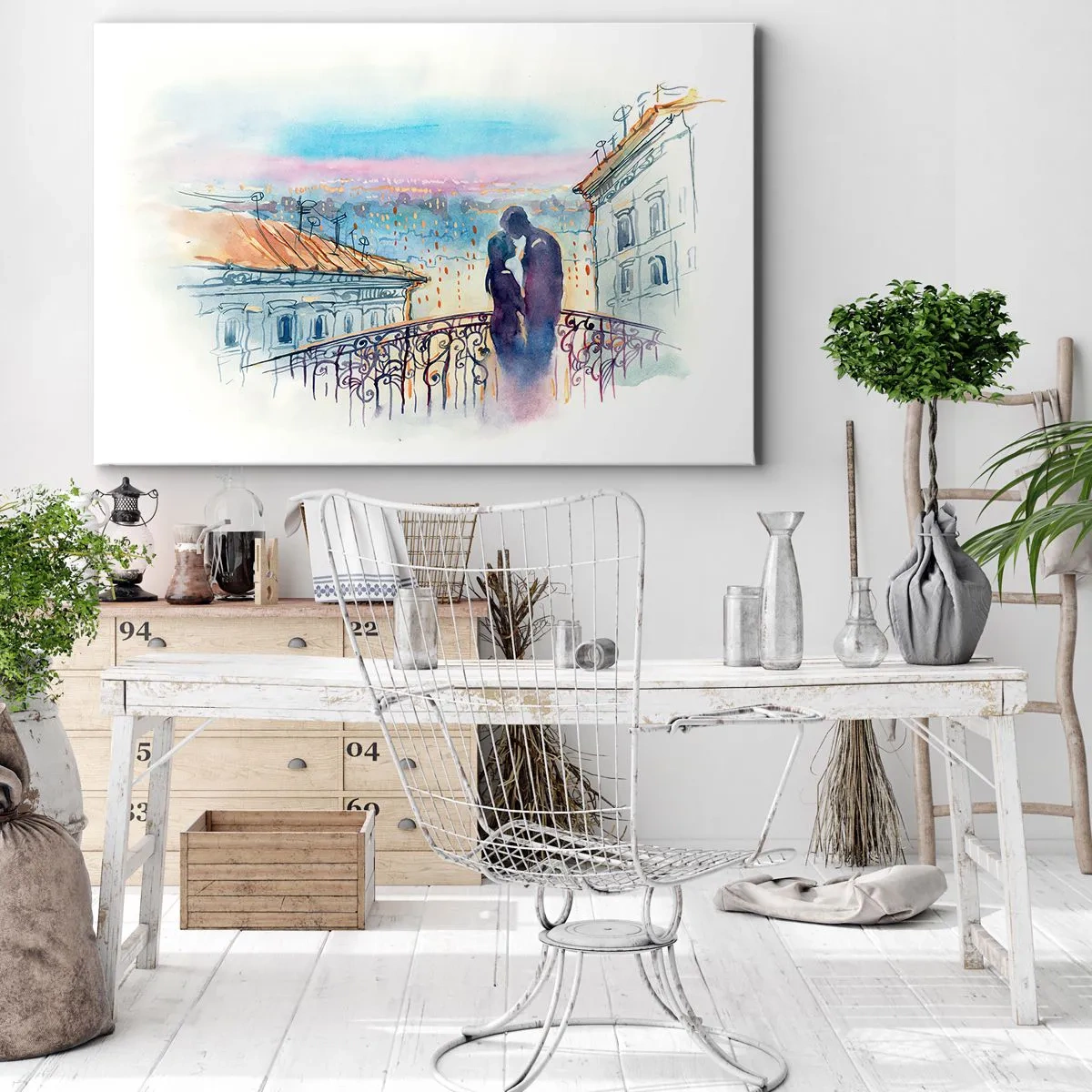 Obraz na plátne - Romantický pár na balkóne s výhľadom na mesto - 70x50cm - Parížski milenci - Moderná nástenná dekorácia do obývacej izby a spálne ARTTOR