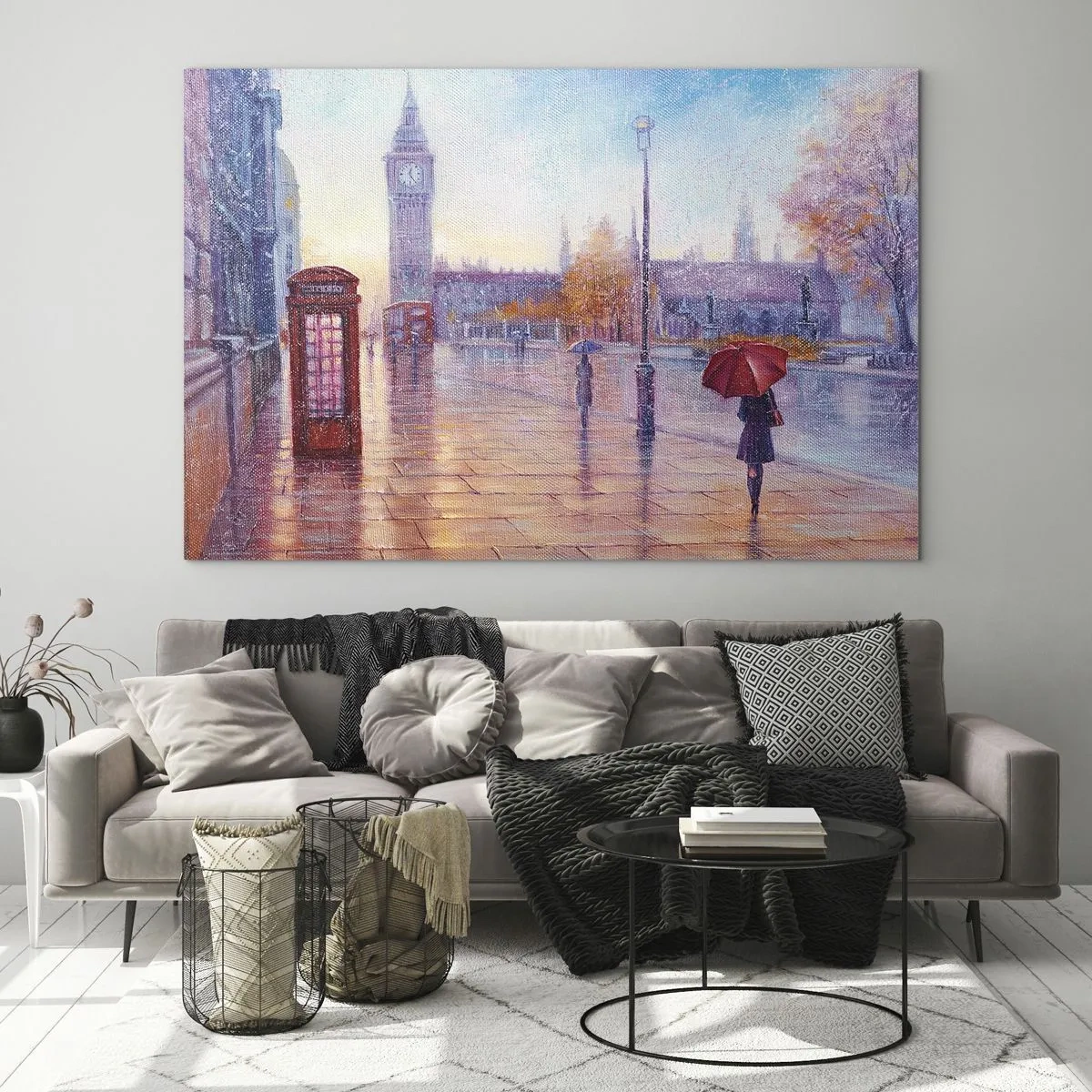 Obraz na skle - Londýnska scéna v daždi s Big Benom a červenou skrinkou - 70x50cm - Londýnsky jesenný deň - Moderná nástenná dekorácia do obývacej izby a spálne ARTTOR