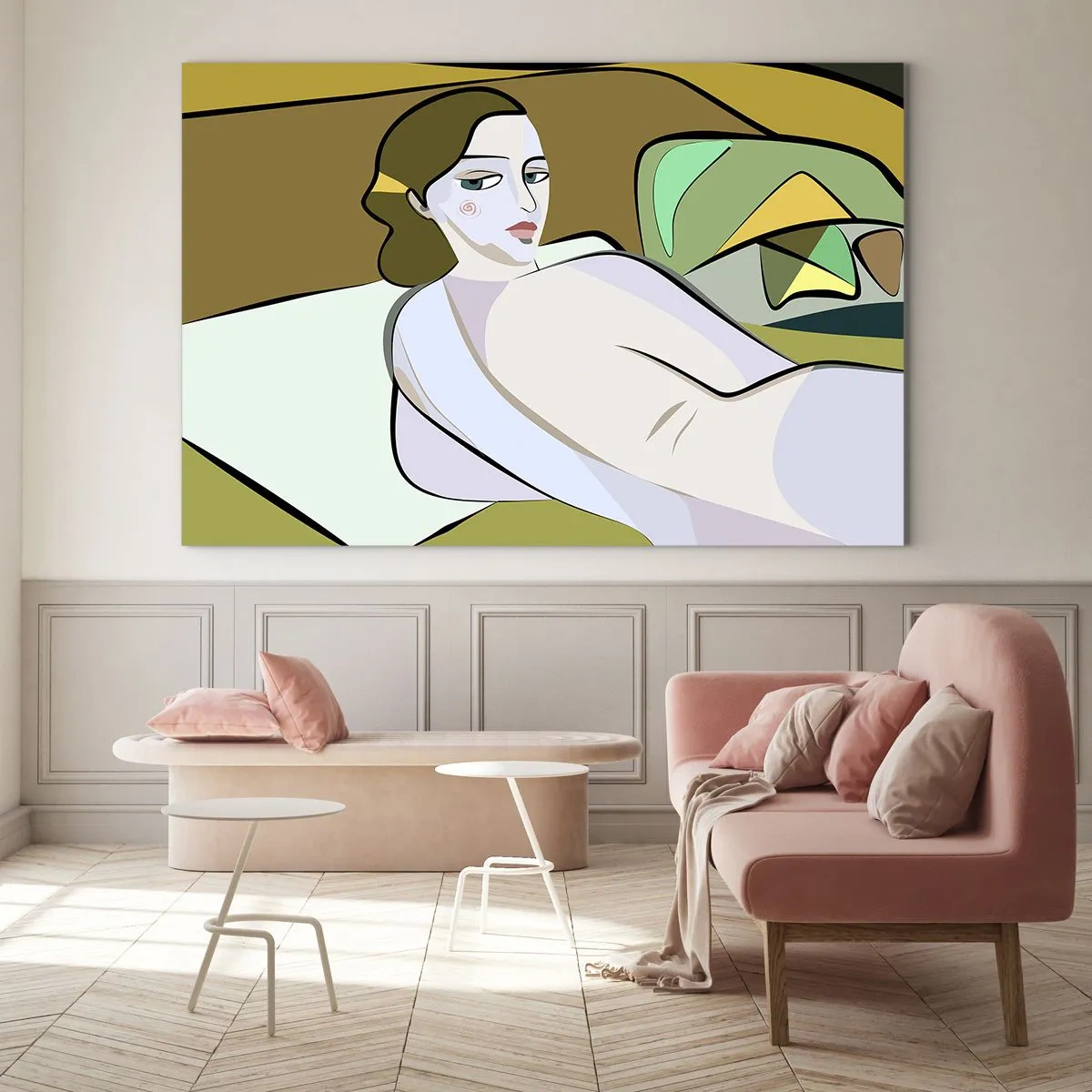 Obraz na skle - Ženská silueta v abstraktnom štýle s geometrickým pozadím - 70x50cm - Intímny portrét - Moderná nástenná dekorácia do obývacej izby a spálne ARTTOR