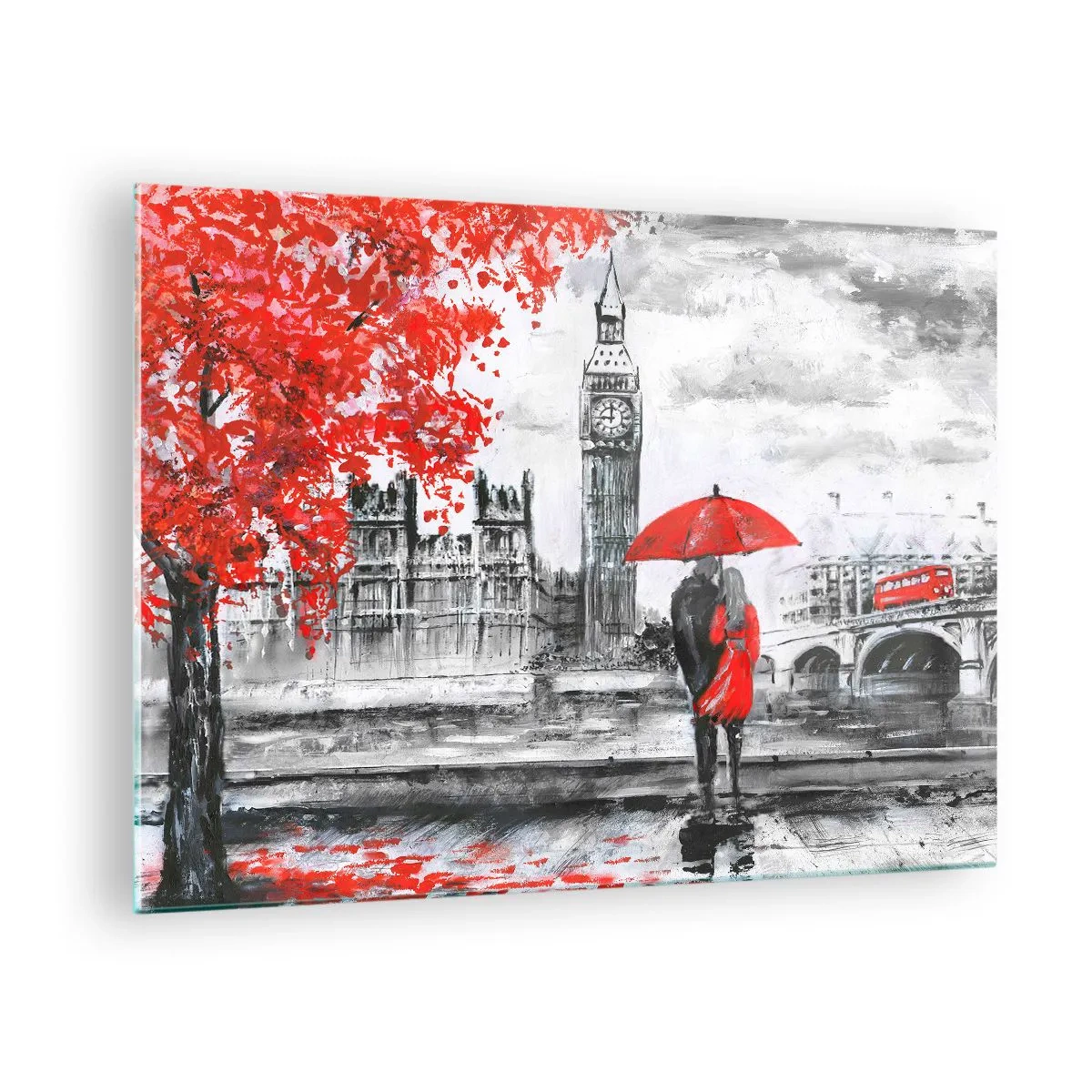 Obraz na skle - Pár pod červeným dáždnikom s Big Benom a jesennými stromami v pozadí. - 70x50cm - Zamilovaní do Londýna - Moderná nástenná dekorácia do obývacej izby a spálne ARTTOR