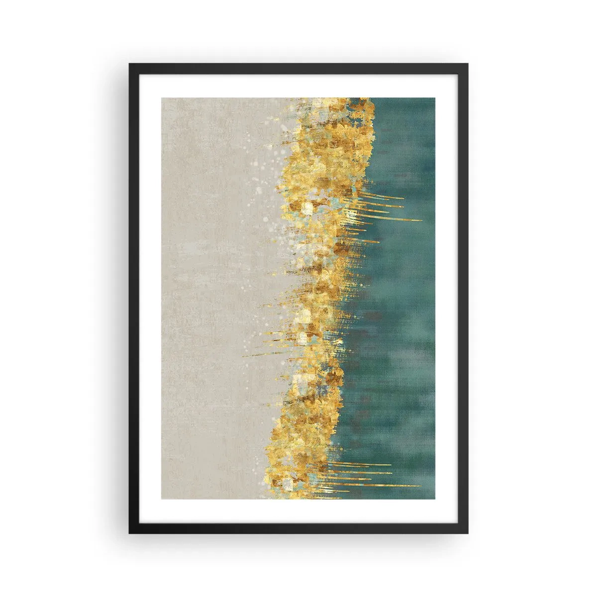 Plagát v čiernom ráme - Abstraktná kompozícia zlatej, béžovej a zelenej farby - 50x70cm - Zlatá hranica - Moderná nástenná dekorácia do obývacej izby a spálne ARTTOR