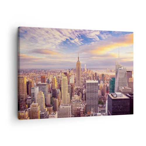Obraz na plátne - Panoráma moderného mesta s mrakodrapmi pri západe slnka - 70x50cm - Dosiahnuť samotné oblaky - Moderná nástenná dekorácia do obývacej izby a spálne ARTTOR