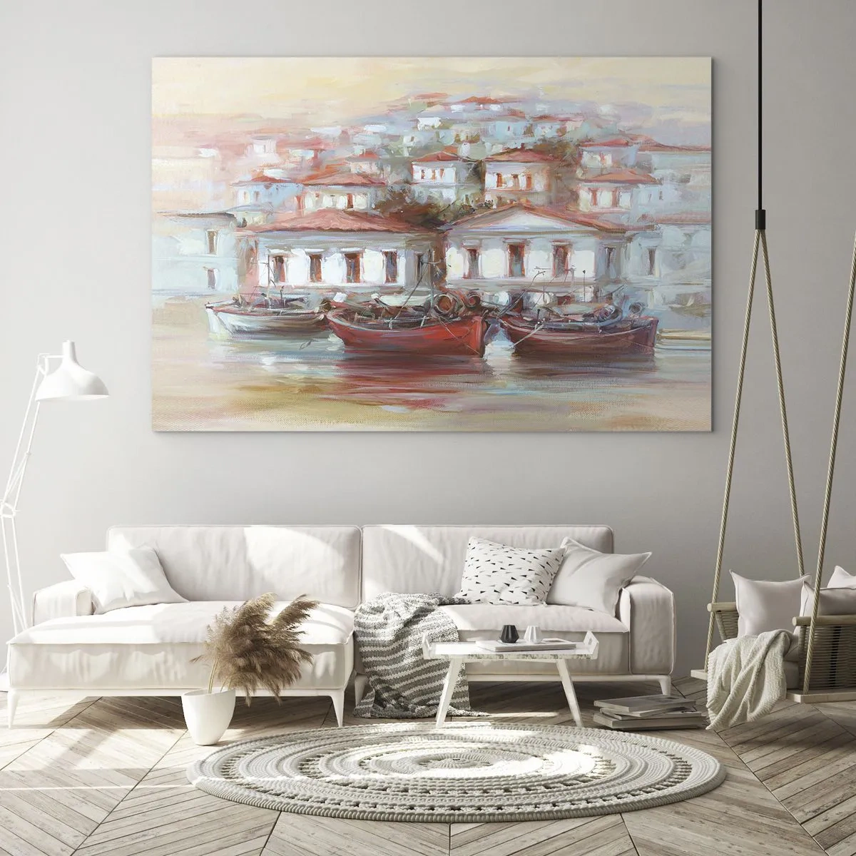 Obraz na skle - Malebné mestečko s loďkami v prístave pri západe slnka - 70x50cm - Šťastné mestečko - Moderná nástenná dekorácia do obývacej izby a spálne ARTTOR