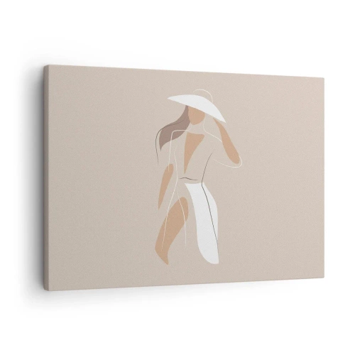 Obraz na plátne - Minimalistická kresba ženy v klobúku na béžovom pozadí. - 70x50cm - Móda je zábava - Moderná nástenná dekorácia do obývacej izby a spálne ARTTOR
