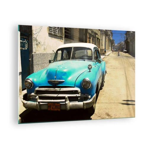 Obraz na skle - Veteránske modré auto na ulici na slnku - 70x50cm - Evviva Cuba! - Moderná nástenná dekorácia do obývacej izby a spálne ARTTOR