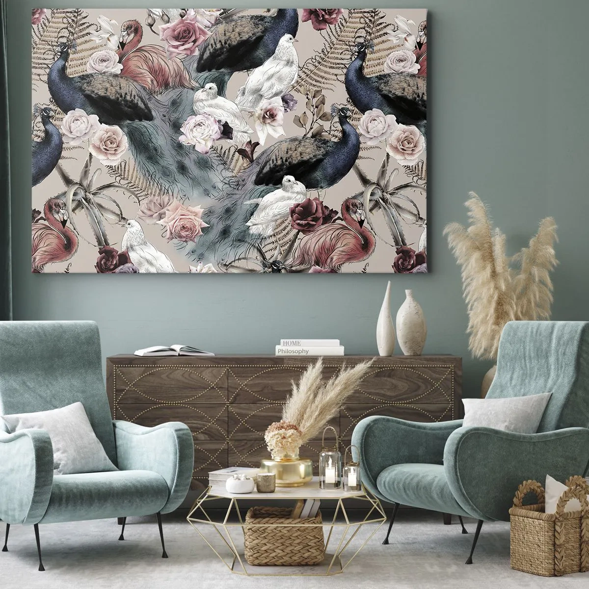 Obraz na plátne - Krajina s pávími perami, ružami a vtákmi v romantickom štýle. - 70x50cm - V palácovej záhrade - Moderná nástenná dekorácia do obývacej izby a spálne ARTTOR