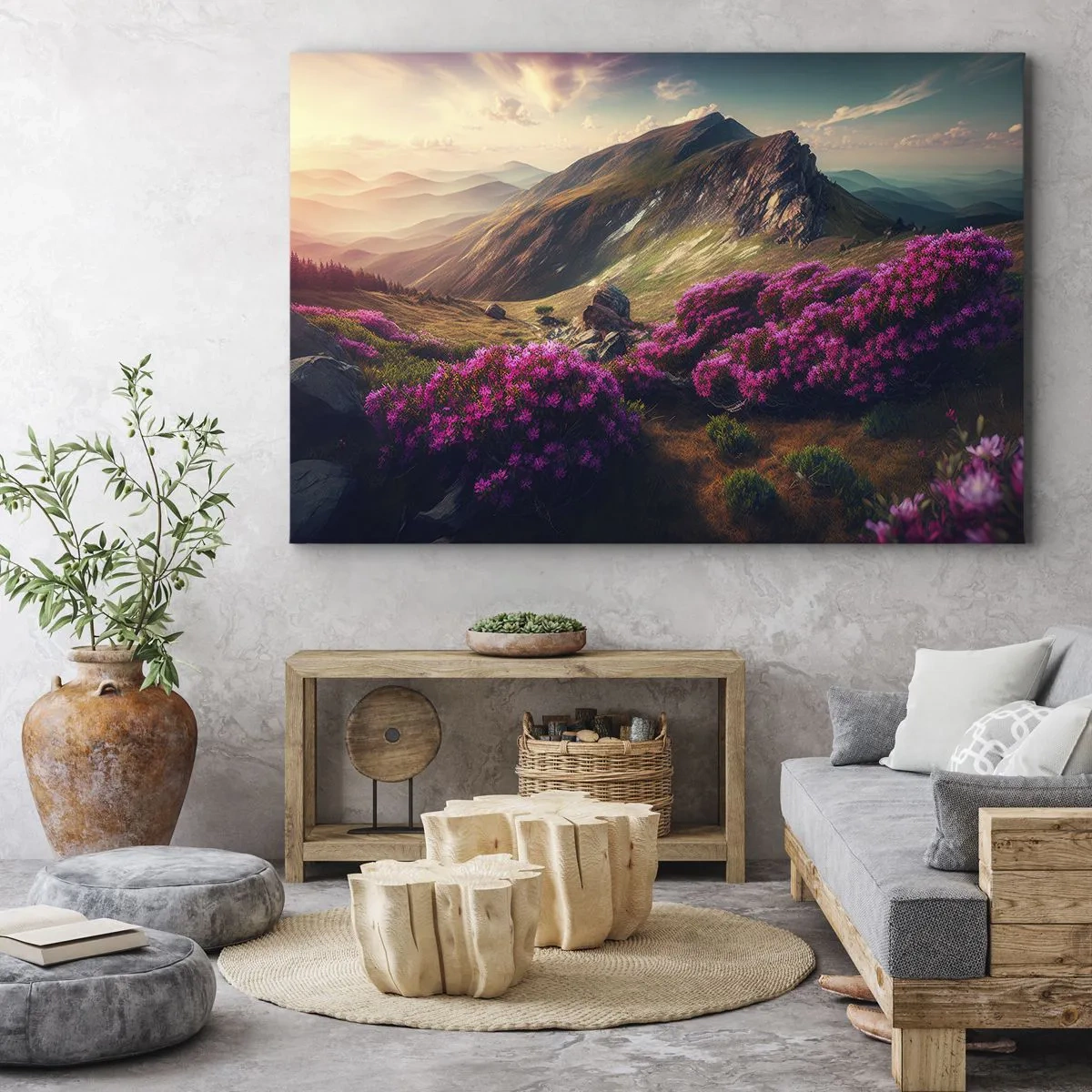 Obraz na plátne - Horská krajina s kvitnúcimi rododendronmi - 70x50cm - Leto na horách - Moderná nástenná dekorácia do obývacej izby a spálne ARTTOR