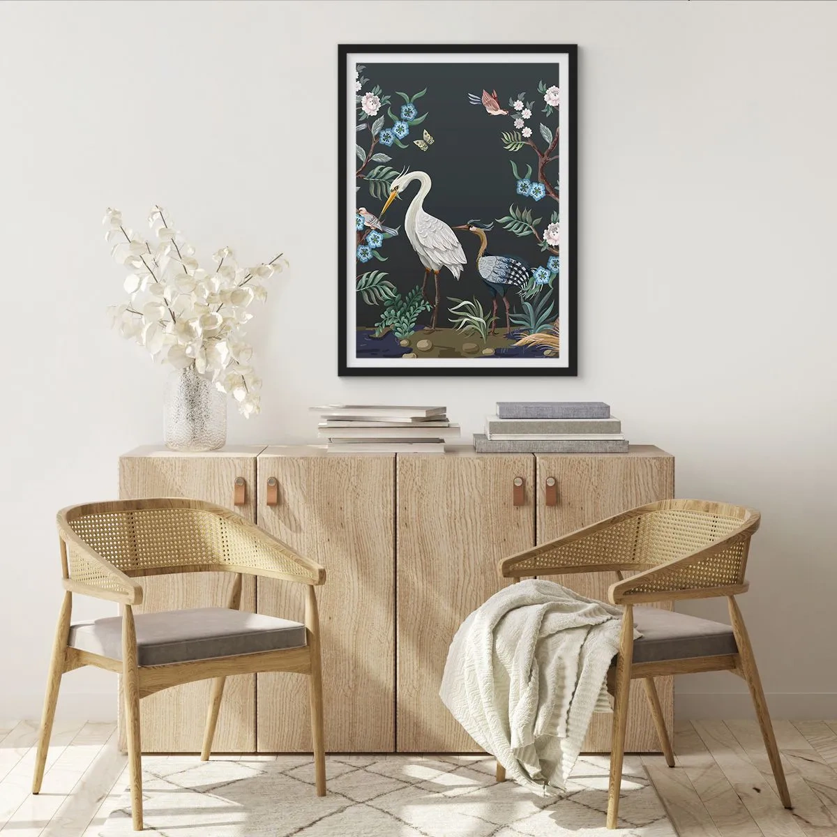 Plagát v čiernom ráme - Ilustrácia vtákov medzi kvetmi na tmavom pozadí - 50x70cm - Vtáčí sprievod - Moderná nástenná dekorácia do obývacej izby a spálne ARTTOR