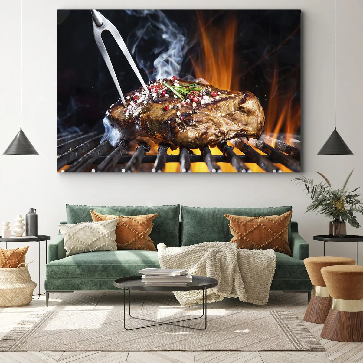 Obraz na plátne - Grilovaný steak na grile s korením - 70x50cm - Šťavnaté a voňavé - Moderná nástenná dekorácia do obývacej izby a spálne ARTTOR