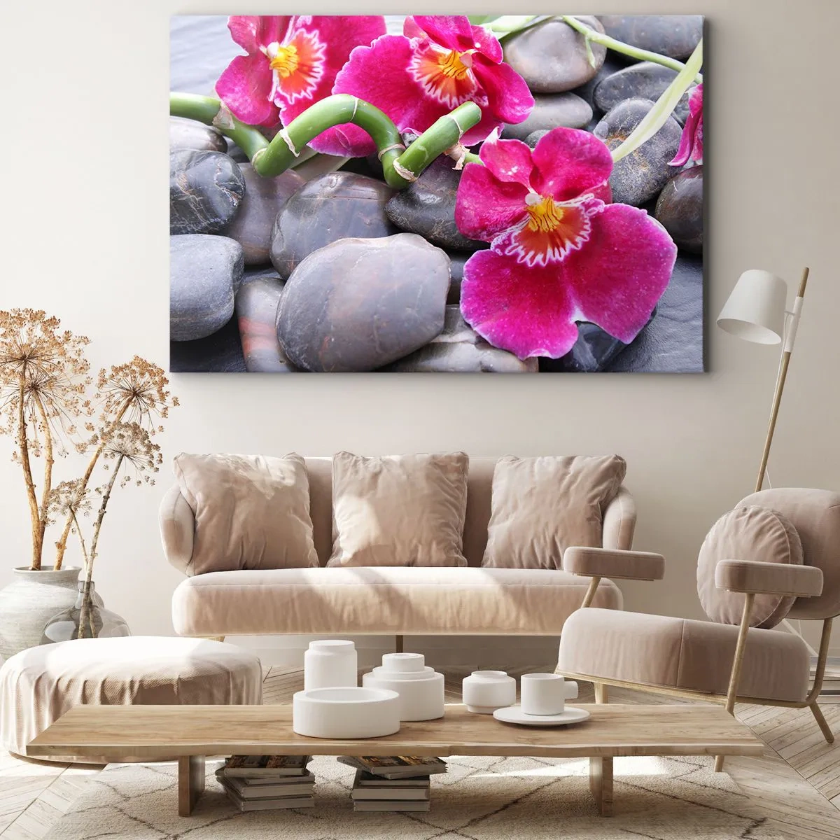 Obraz na plátne - Ružové orchidey na pozadí hladkých kameňov - 70x50cm - Chlad a žiara - Moderná nástenná dekorácia do obývacej izby a spálne ARTTOR