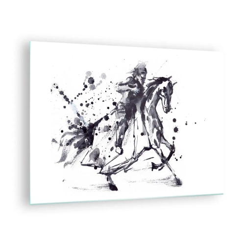 Obraz na skle - Čiernobiela maľba jazdca na koni v abstraktnom štýle - 70x50cm - Čierny rytier - Moderná nástenná dekorácia do obývacej izby a spálne ARTTOR