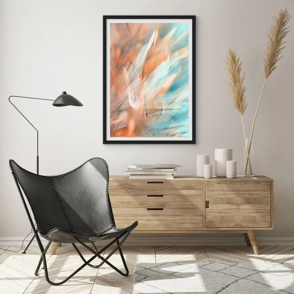 Plagát v čiernom ráme - Jemné pierka v odtieňoch modrej a broskyňovej - 50x70cm - V krajine nehy - Moderná nástenná dekorácia do obývacej izby a spálne ARTTOR