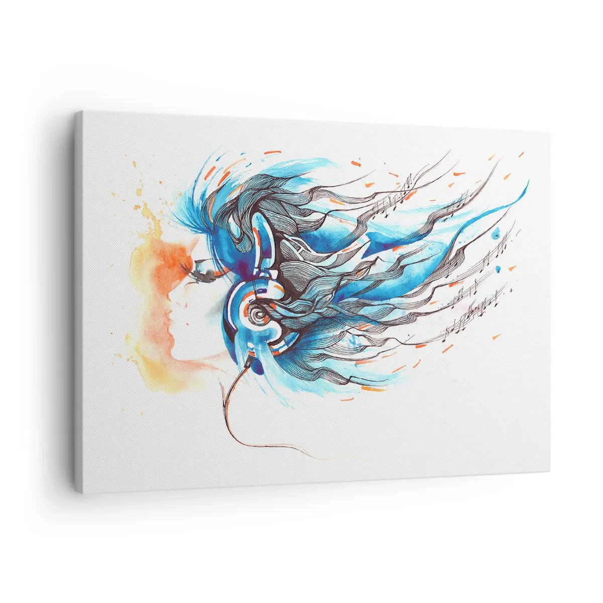 Obraz na plátne - Umelecká grafika ženy so slúchadlami s hudobnými akcentmi - 70x50cm - Nech hrá hudba - Moderná nástenná dekorácia do obývacej izby a spálne ARTTOR