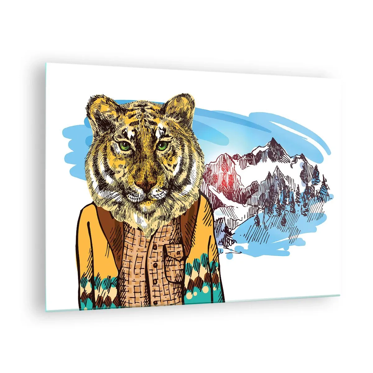 Obraz na skle - Tiger vo veste na pozadí horskej krajiny - 70x50cm - Nie je tak divoký ako ho kreslia - Moderná nástenná dekorácia do obývacej izby a spálne ARTTOR