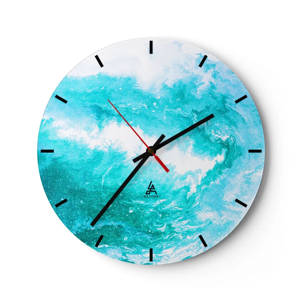 Nástenné hodiny - Abstraktná vlna v odtieňoch modrej a tyrkysovej - 30x30cm - V jadre živlu - Moderná nástenná dekorácia do obývacej izby, kuchyne a spálne ARTTOR