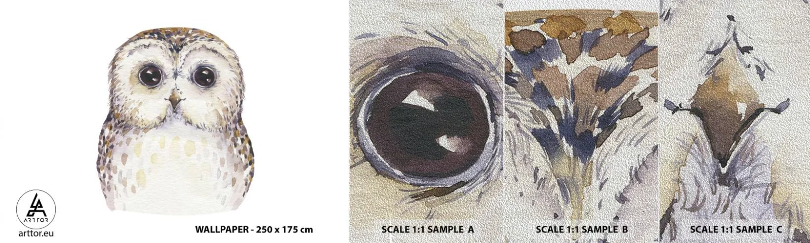 Vzorka fototapety Premium Sand - Pozri sa mi do očí - Sova, Vták, Grafika - 100x30 cm