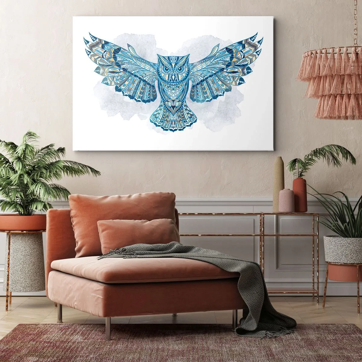 Obraz na plátne - Dekoratívna sova v odtieňoch modrej - 70x50cm - Z keltského posvätného hája - Moderná nástenná dekorácia do obývacej izby a spálne ARTTOR